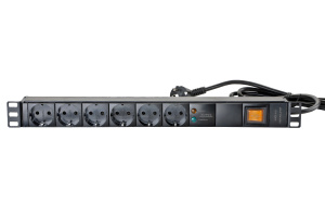 Блок распределения питания базовый 19" 1U 16/230, 6 Schuko, Schuko, шнур 1.8 метр, выключатель, фильтр импульсных и высокочастотных помех