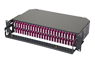 Оптическая панель серии 47E-48, 19'' 2U фиксированная, корпус на 48 адаптеров, 32 квадро LC адаптера, OM4