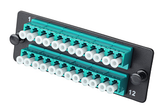 Комплект планка Q-SLOT с 12 адаптерами дуплекс LC OM3, монтажные шнуры, КДЗС