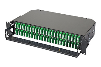 Оптическая панель серии 47E-48, 19'' 2U фиксированная, корпус на 48 адаптеров, 24 квадро LC/APC адаптера, OS2