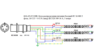 Блок распределения питания базовый 0U 16/400 3 фазы, 18 C13 + 6 C19, шнур IEC 309 16А, 3 метра