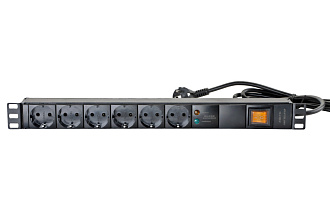 Блок распределения питания базовый 19" 1U 16/230, 6 Schuko, Schuko, шнур 1.8 метр, выключатель, фильтр импульсных и высокочастотных помех