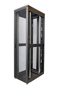 Шкаф Rackcenter D9000 48U 600 × 1000, передняя дверь перфорированная одностворчатая, задняя дверь перфорированная двустворчатая, без боковых стенок, черный