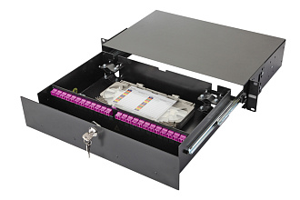 Оптическая панель серии 47F-48, 19'' 2U выдвижная, корпус на 48 адаптеров, 2 дуплекс LC адаптера, OM4